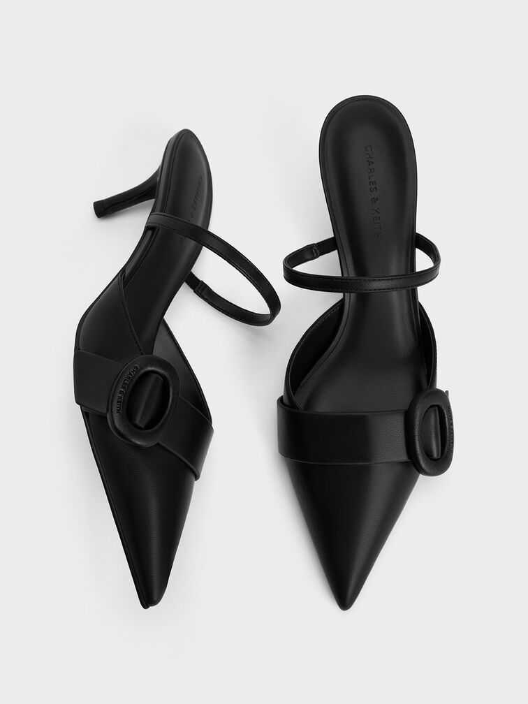 Oval-Buckle Pointed-Toe Mules, Black, hi-res