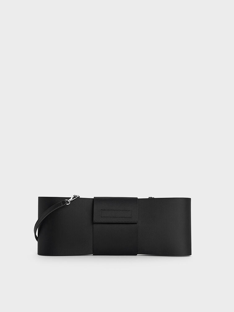 Satin Bow Elongated Shoulder Bag, Noir, hi-res