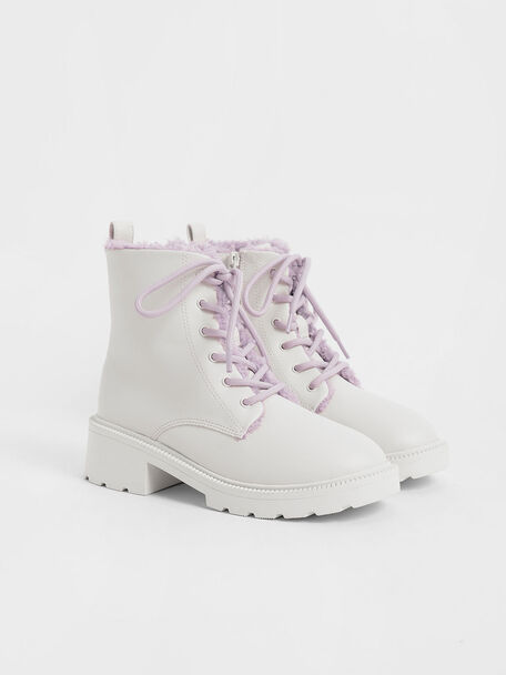 White Girls' Fur-Trimmed Lace-Up Chunky Boots - CHARLES & KEITH