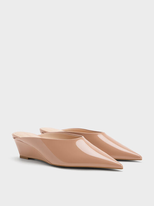 Patent Pointed-Toe Wedge Mules, Nude, hi-res