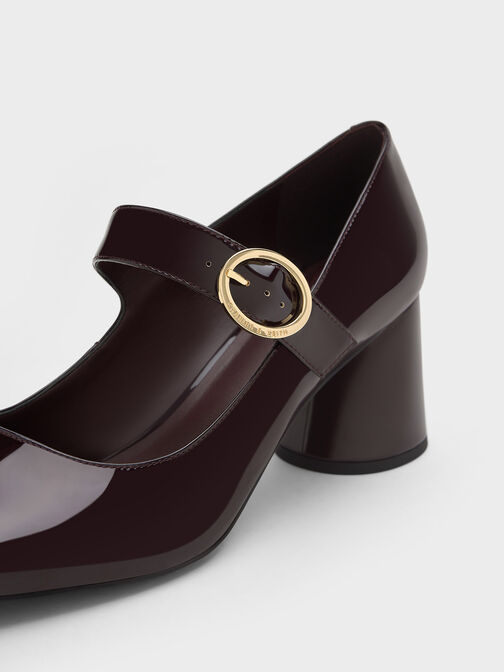Patent Cylindrical Block Heel Mary Janes, Maroon, hi-res