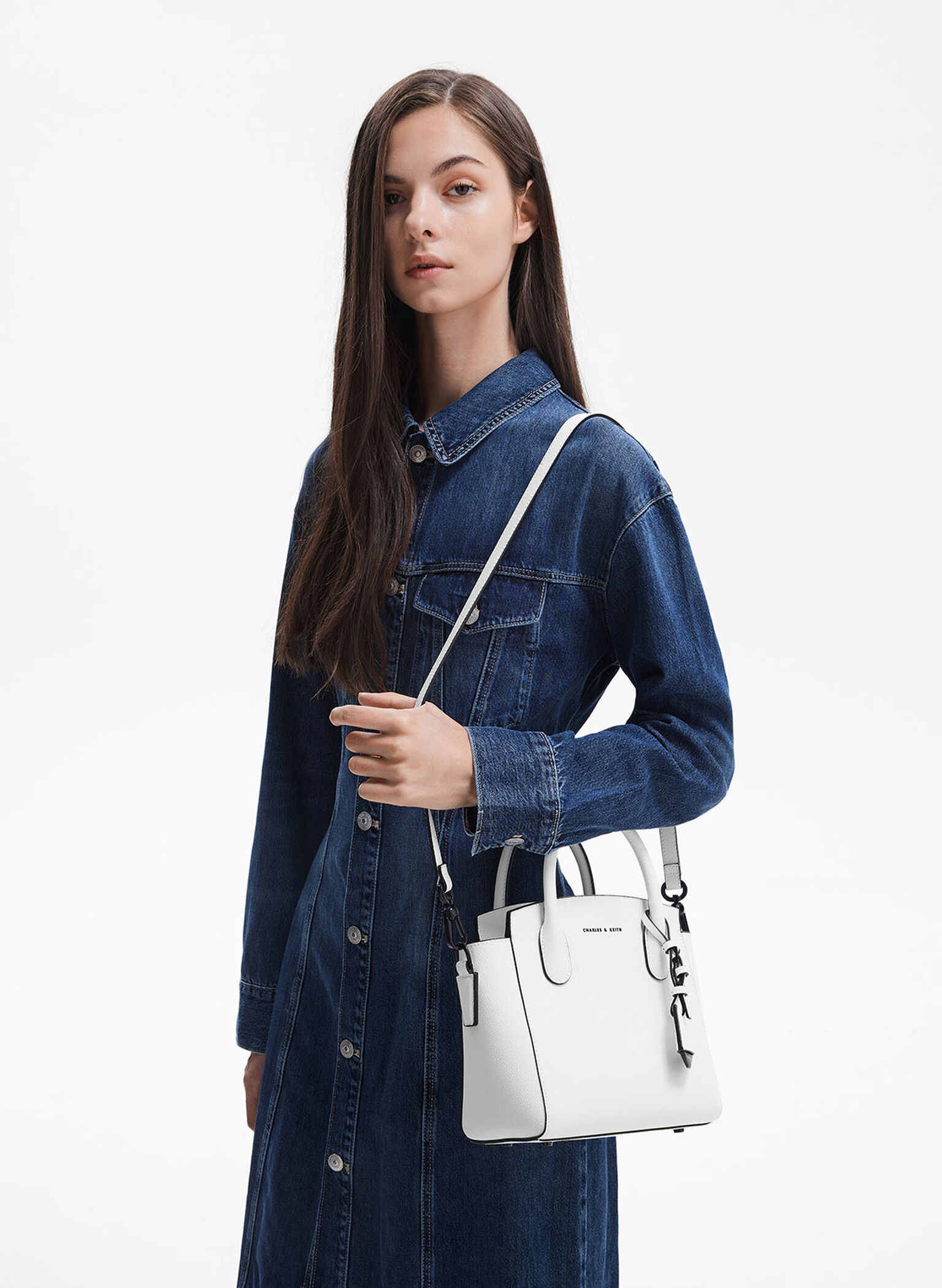 Harper Structured Top Handle Bag, White, hi-res