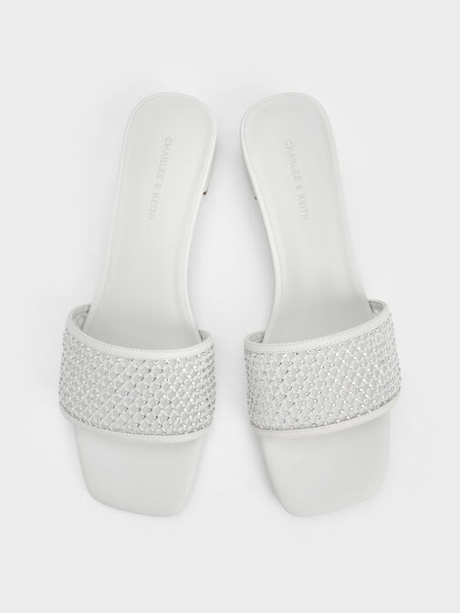 網紗水晶低跟拖鞋, 白色, hi-res