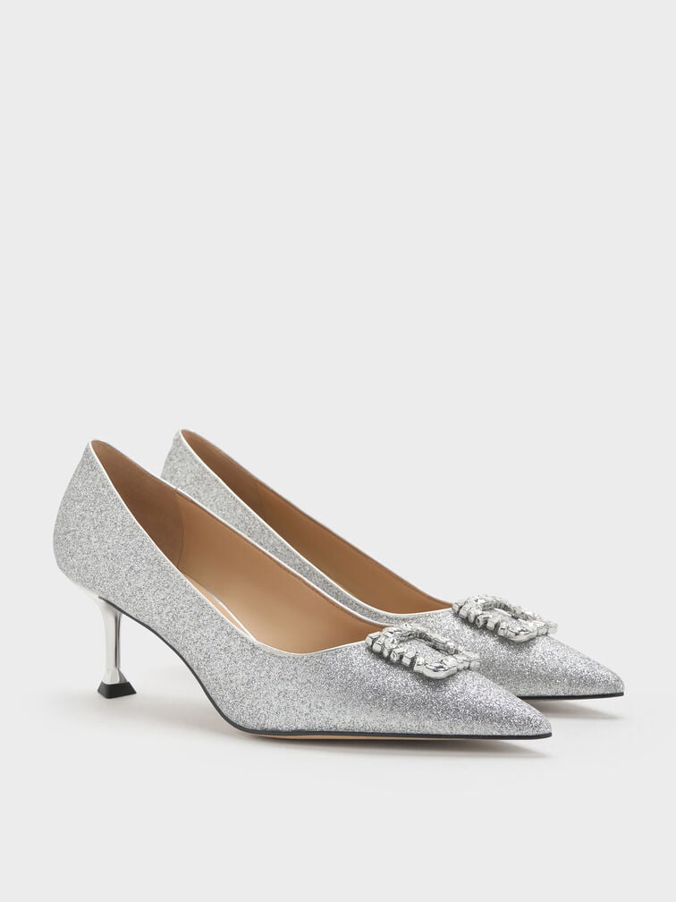 Ever Glittered Gem-Embellished Kitten Heel Pumps, Silver, hi-res