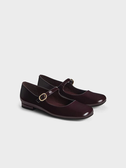 Patent Pearl-Buckle Mary Janes, Maroon, hi-res