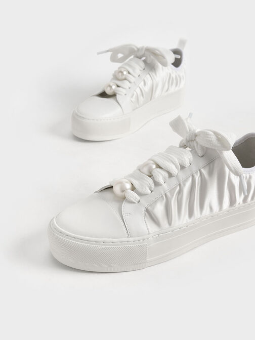 Blythe Leather & Satin Bead-Embellished Sneakers, White, hi-res
