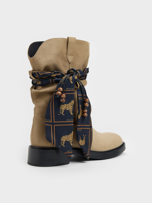 Faux Suede Printed-Scarf Calf Boots, Khaki, hi-res