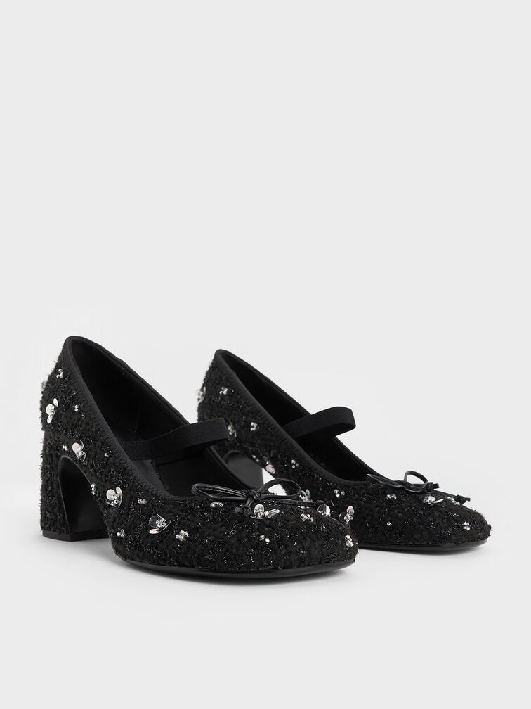 Mino Tweed Sequin-Flower Mary Jane Pumps, Black Textured, hi-res