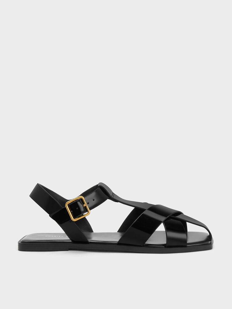 Patent Strappy Crossover Sandals - Black Patent