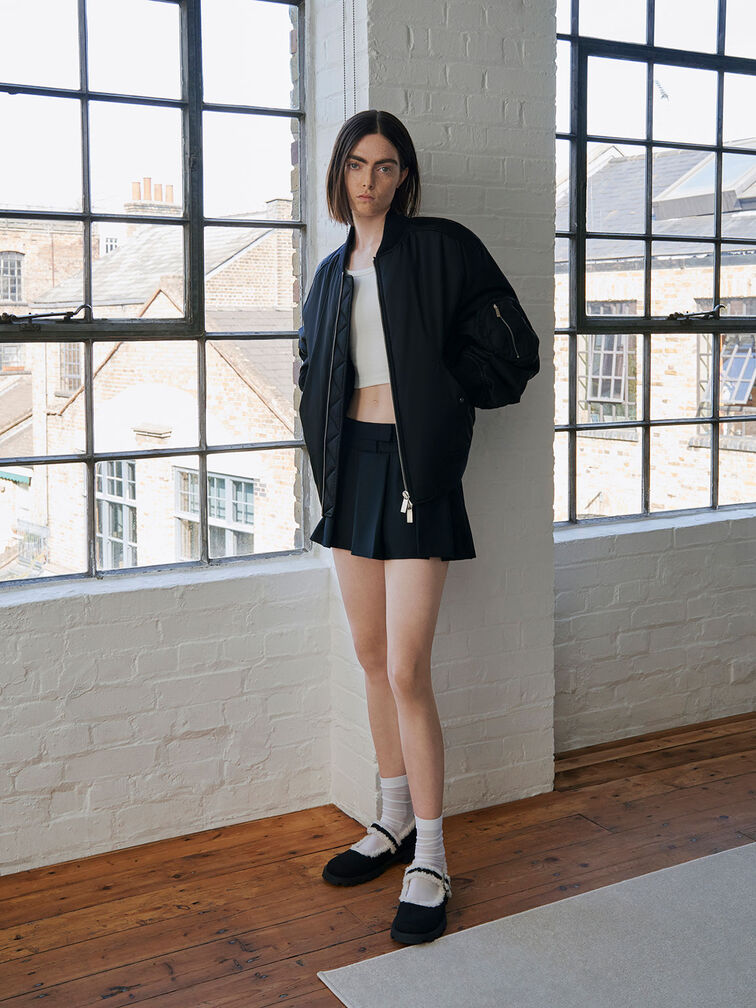 Textured Fur-Trim Buckled Mary Janes, Black Textured, hi-res