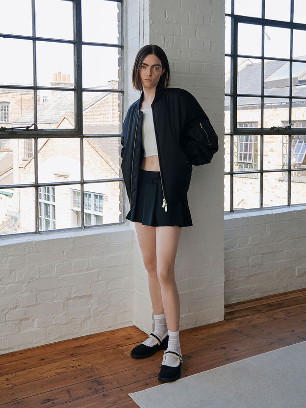 Textured Fur-Trim Buckled Mary Janes, Black Textured, hi-res