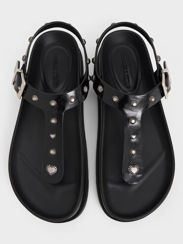 Studded Heart-Embellished Thong Sandals, Black, hi-res
