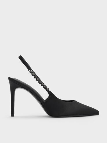 Zapatos de tacón con tira trasera y tiras de gemas, Negro, hi-res