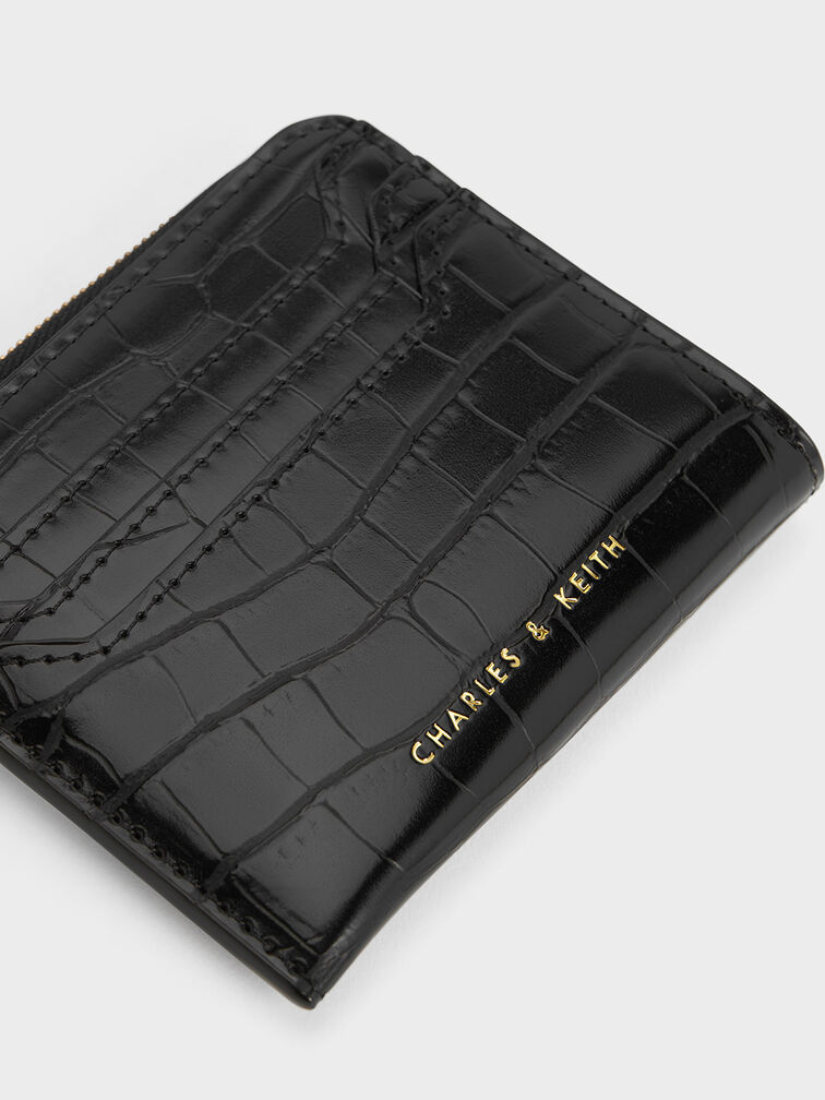 Croc-Embossed Zip-Around Cardholder, Black, hi-res