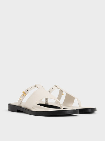 Leather Asymmetric Thong Sandals, White, hi-res