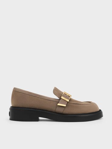 Leather & Suede Buckled-Strap Loafers, Taupe, hi-res