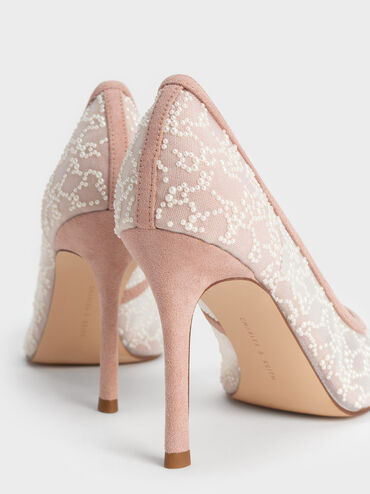 Bead-Embellished Mesh Pumps, Nude, hi-res