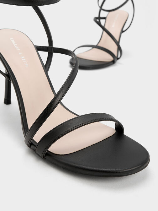 Asymmetric Strappy Heeled Sandals, Black, hi-res