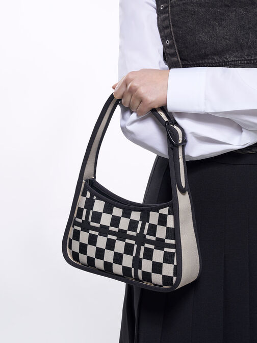 Avenue Checkered Trapeze Shoulder Bag, Black Textured, hi-res