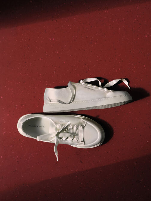 Satin Lace-Up Sneakers, White, hi-res