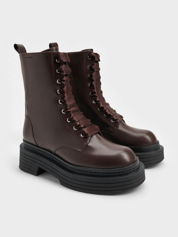 Botas de combate con plataforma de sat&eacute;n y encaje, Marr&oacute;n oscuro, hi-res