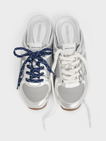 Metallic Mesh Patterned-Lace Slip-On Sneakers, Silver, hi-res