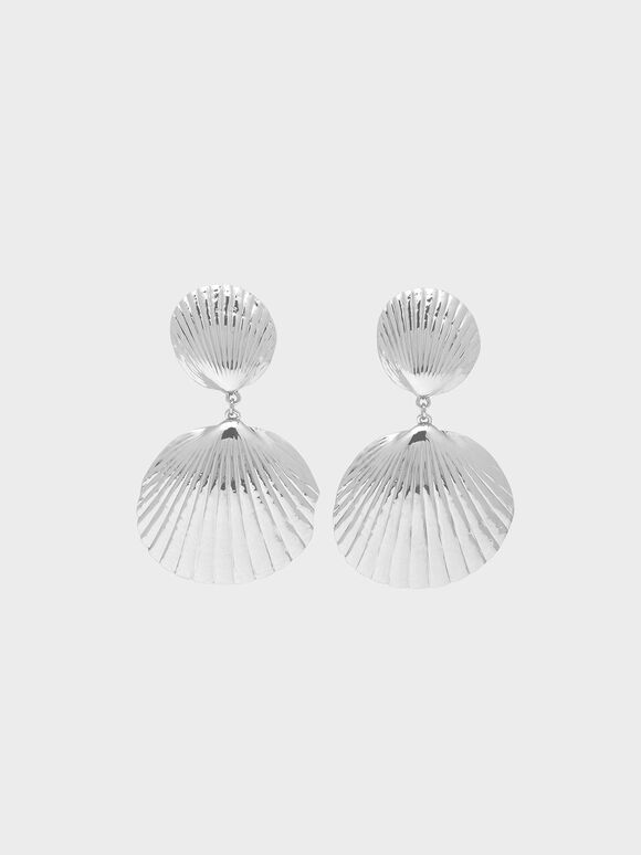 Round Seashell Drop Clip-On Earrings, Silver, hi-res