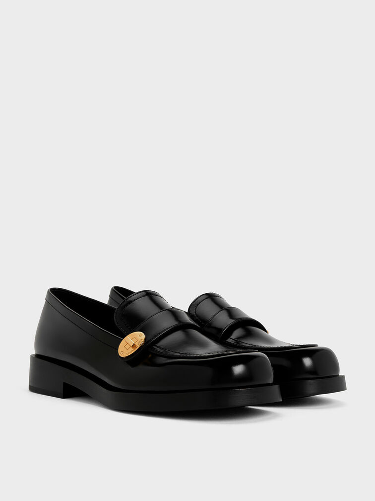 Metallic-Buckle Strap Loafers, Black Box, hi-res