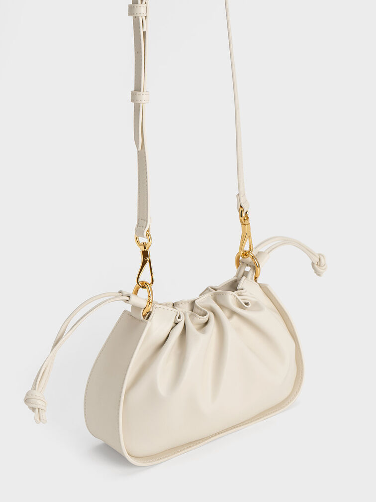 Ruched Chain Handle Drawstring Bag, Chalk, hi-res