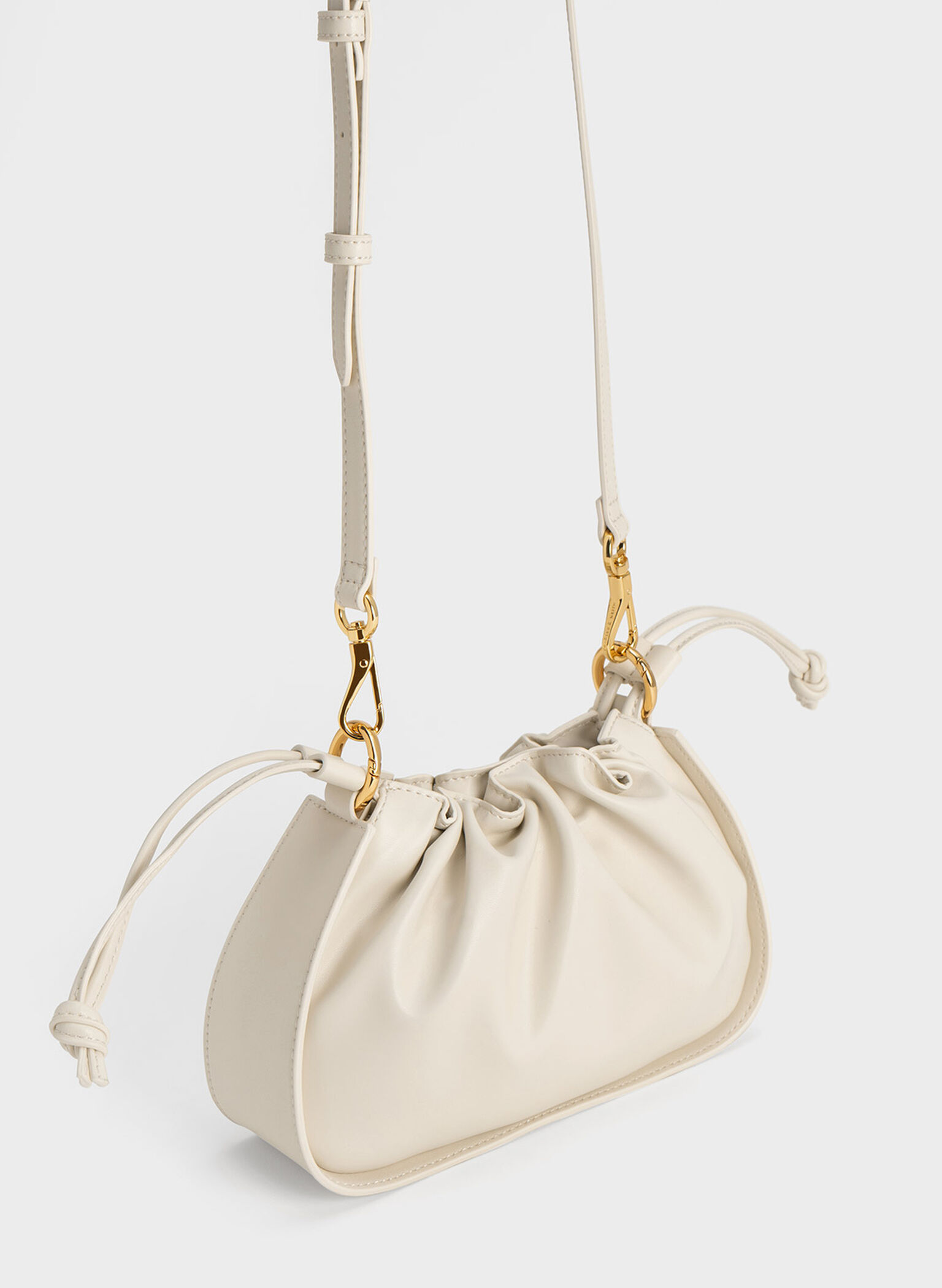 Ruched Chain Handle Drawstring Bag, Chalk, hi-res