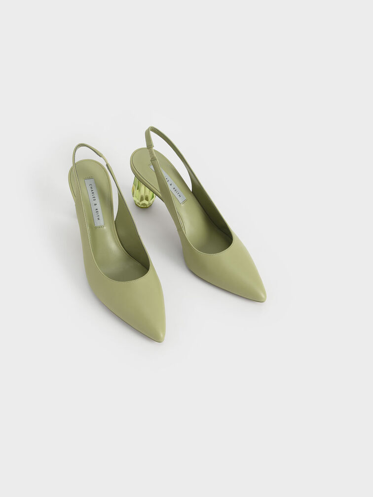 Sculptural Heel Slingback Pumps, Sage Green, hi-res
