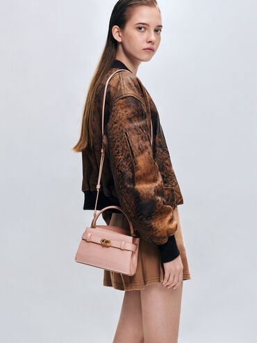 Sac à main effet croco Aubrielle, Rose clair, hi-res