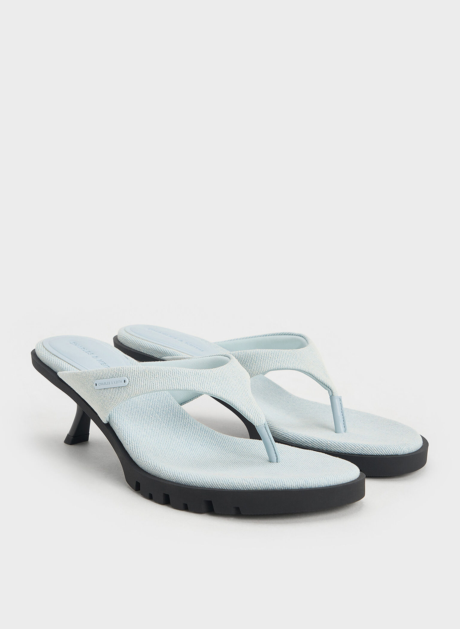 Denim V-Strap Slant-Heel Thong Mules, Light Blue, hi-res