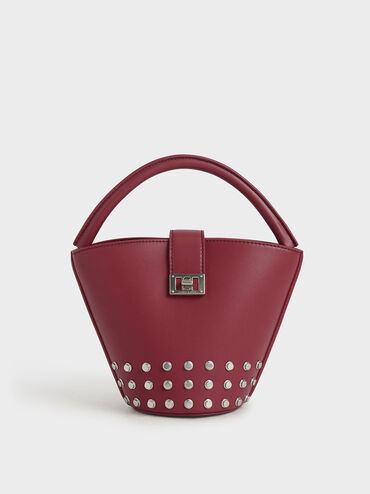 Studded Bucket Bag, Berry, hi-res