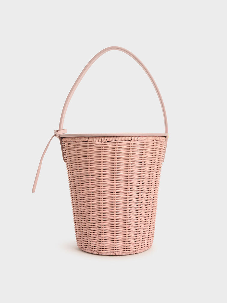 Rattan Cylindrical Top Handle Bag, Pink, hi-res