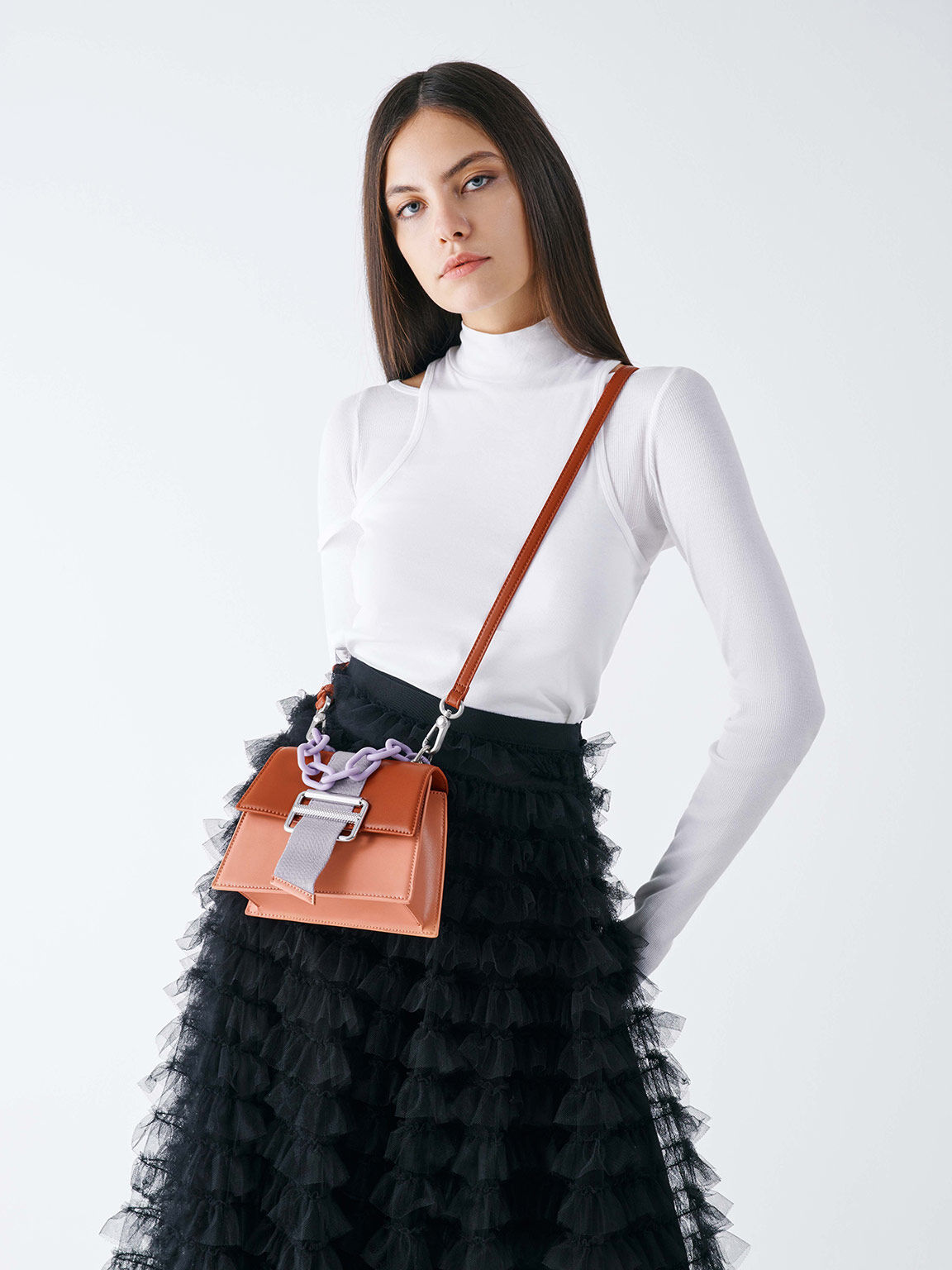 Wren Acrylic Chain-Handle Trapeze Bag, Brick, hi-res
