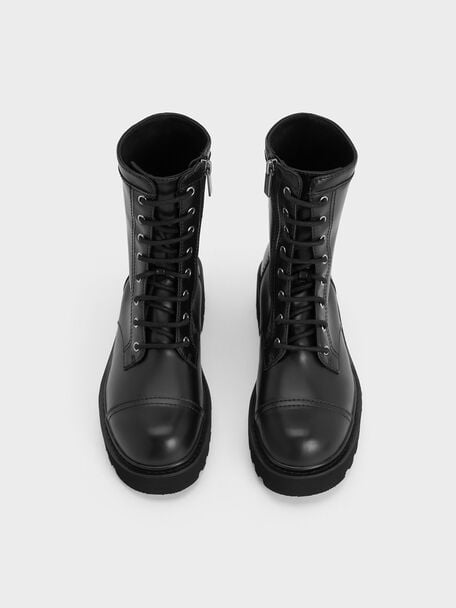 造型釦厚底綁帶短靴, 黑色, hi-res