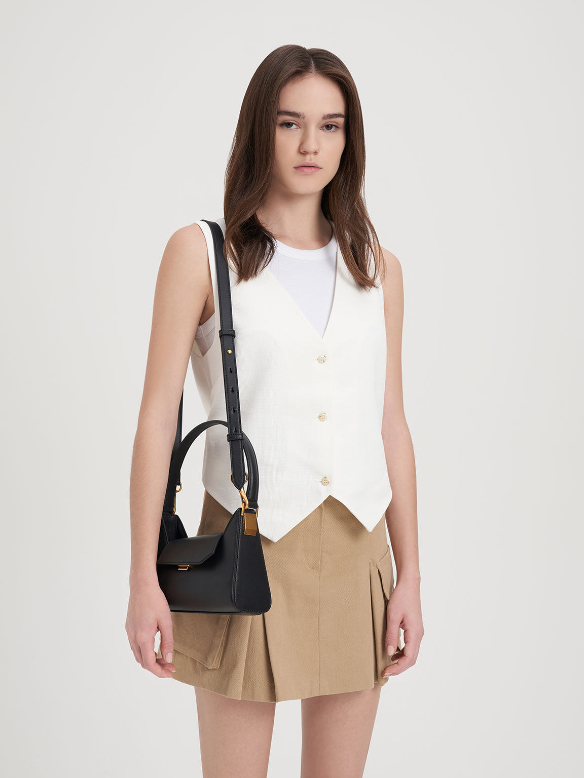Front Flap Trapeze Shoulder Bag, Black, hi-res