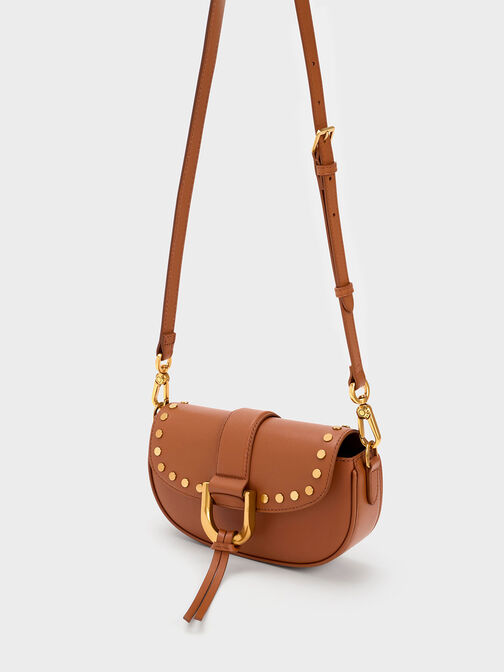 Gabine Studded Leather Shoulder Bag, Brown, hi-res