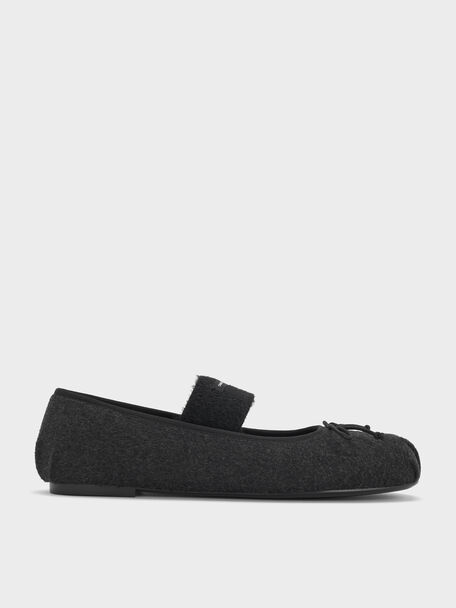 Winona Felt Bow Furry-Strap Mary Jane Flats, Black Textured, hi-res