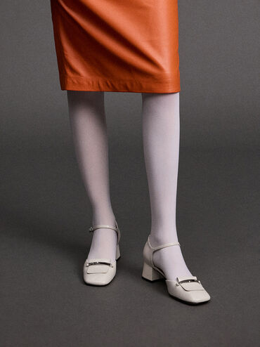 Tacones D'Orsay de cuero con puntera cuadrada y tira al tobillo, Blanco tiza, hi-res