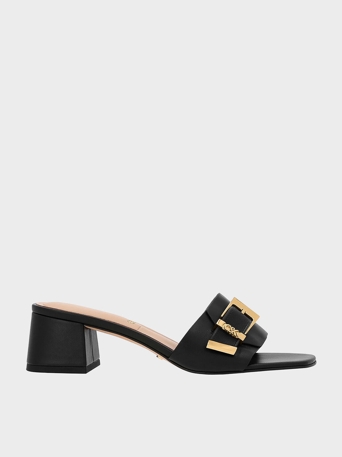 Charles Keith Leather Buckled Block Heel Mules Black US 5