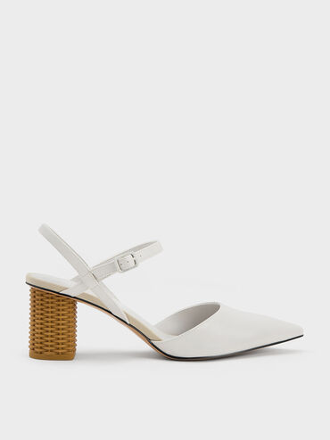 Rattan Block Heel Pumps, White, hi-res