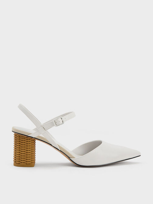 Rattan Block Heel Pumps, White, hi-res