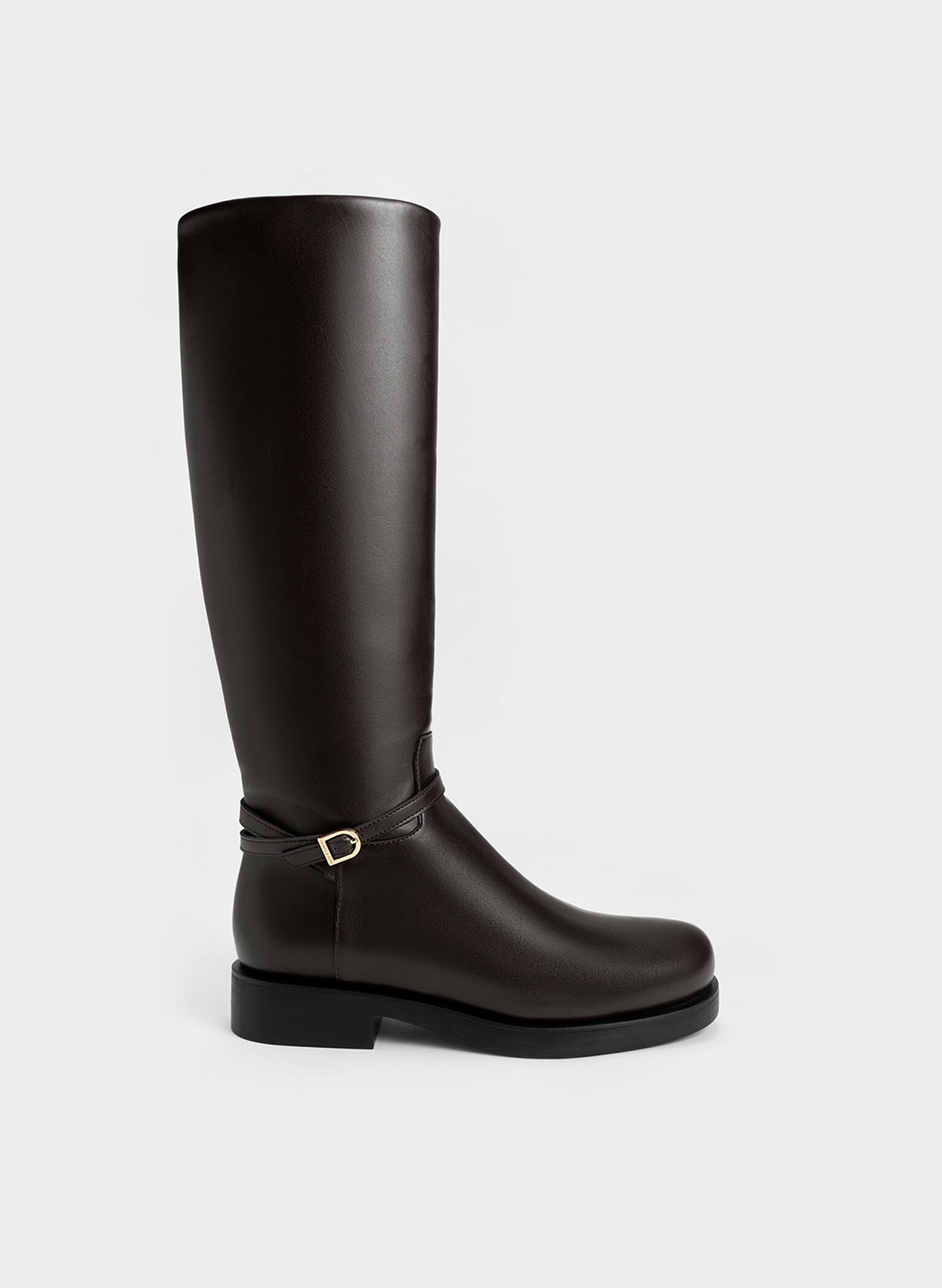 Dark Brown Belted Knee-High Boots - CHARLES & KEITH MX