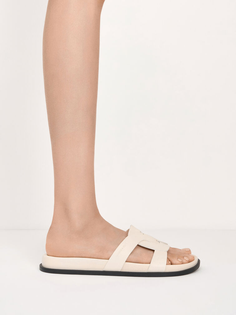Interwoven Cut-Out Slide Sandals, Cream, hi-res