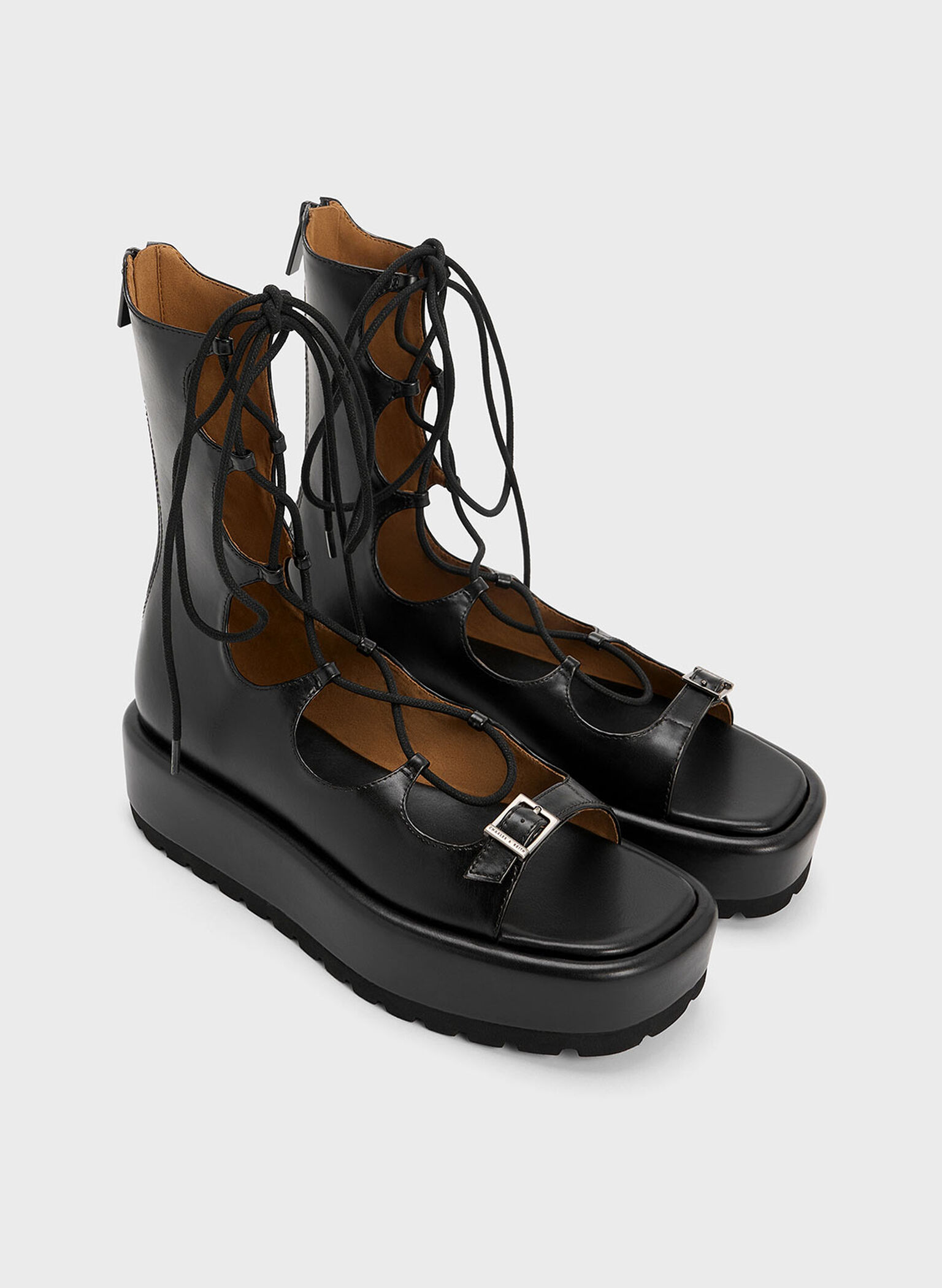 Sandalias tipo gladiador de plataforma con cordones, Negro, hi-res