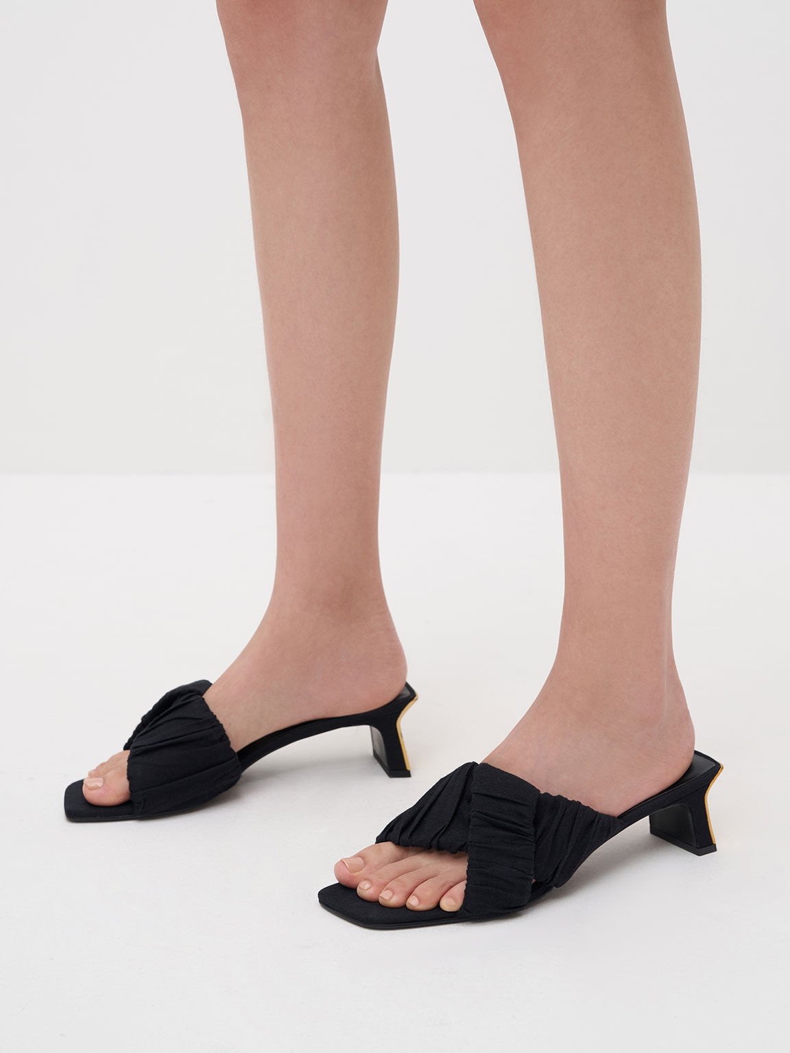 Linen Asymmetric Ruched Mules, Black, hi-res