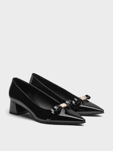 Dorian Patent Bow Pointed-Toe Block-Heel Pumps, Black Patent, hi-res