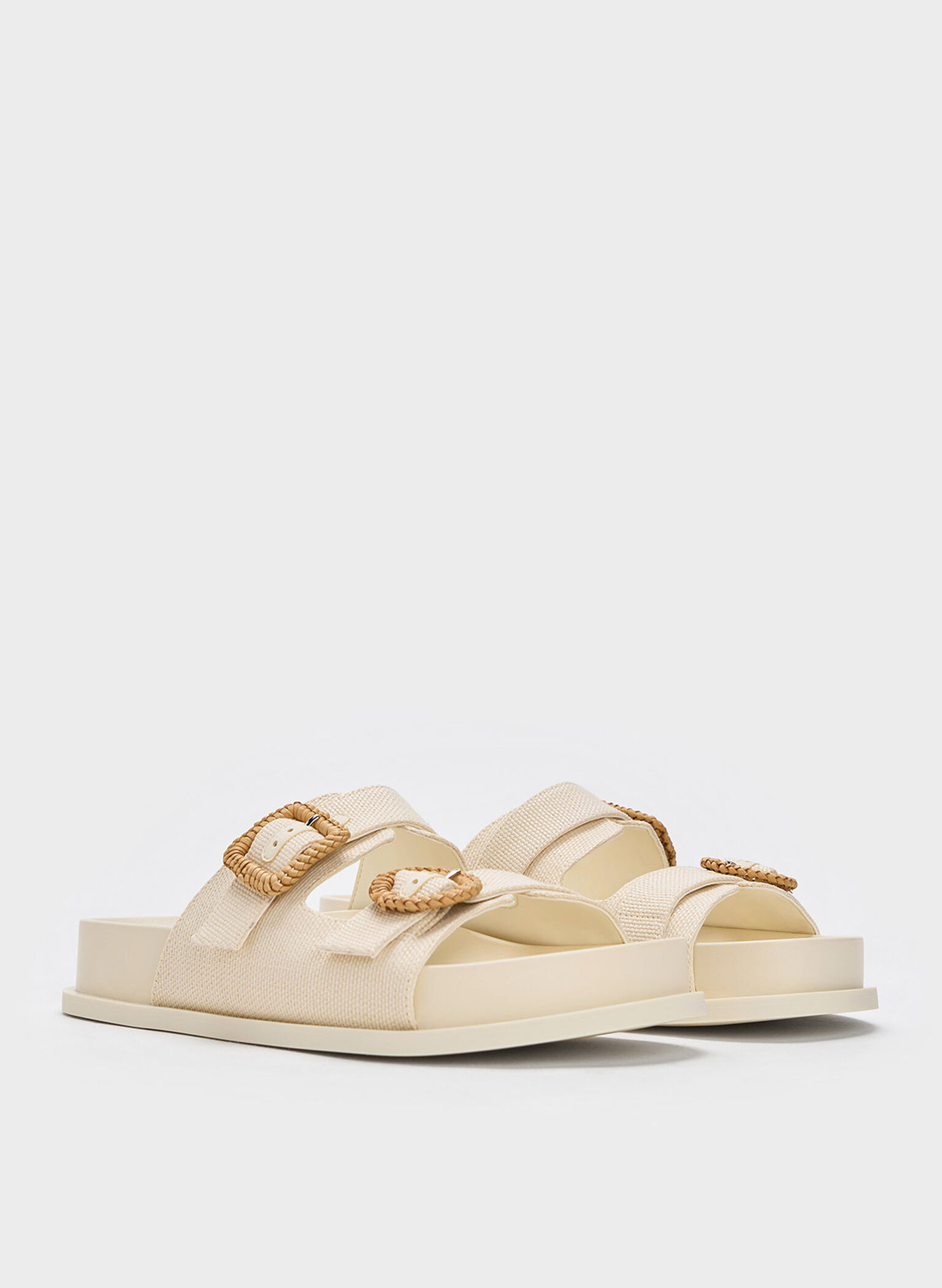 Woven-Buckle Double-Strap Sandals, Chalk, hi-res